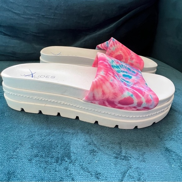 JSLIDES BRIT TIE DYE PINK PLATFORM SLIP ON SLIDES SIZE 8.5 RETAIL $206. - Picture 4 of 9
